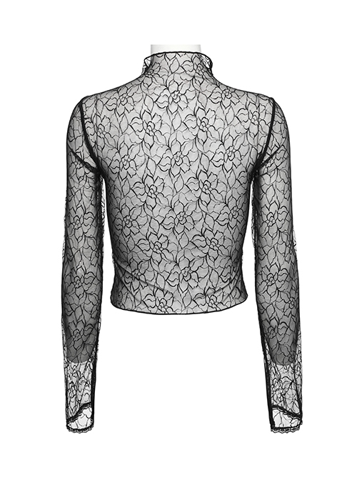 Black Sexy Patterned Mesh With Butterfly Embroidery On The Chest Gothic Style See Through Long Sleeved T-Shirt