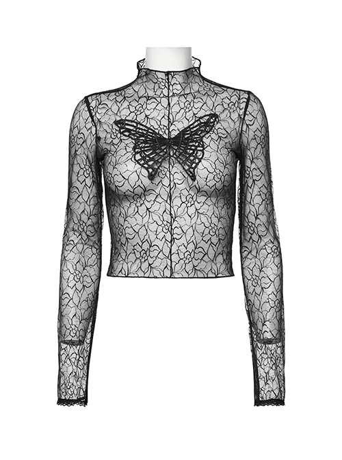 Black Sexy Patterned Mesh With Butterfly Embroidery On The Chest Gothic Style See Through Long Sleeved T-Shirt