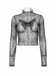 Black Sexy Patterned Mesh With Butterfly Embroidery On The Chest Gothic Style See Through Long Sleeved T-Shirt