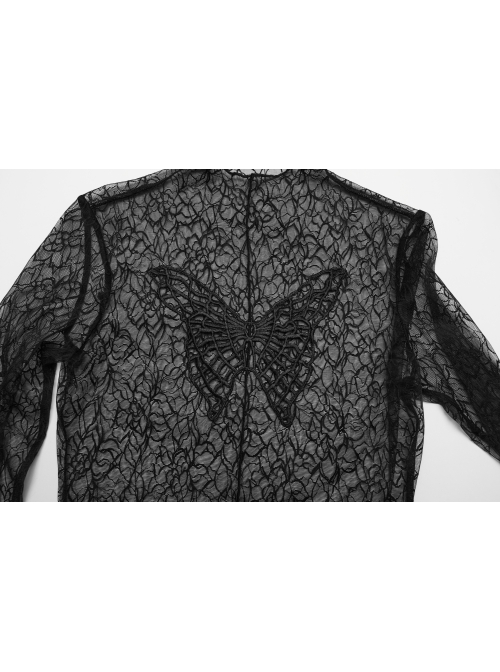 Black Sexy Patterned Mesh With Butterfly Embroidery On The Chest Gothic Style See Through Long Sleeved T-Shirt