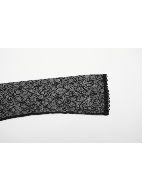 Black Sexy Patterned Mesh With Butterfly Embroidery On The Chest Gothic Style See Through Long Sleeved T-Shirt