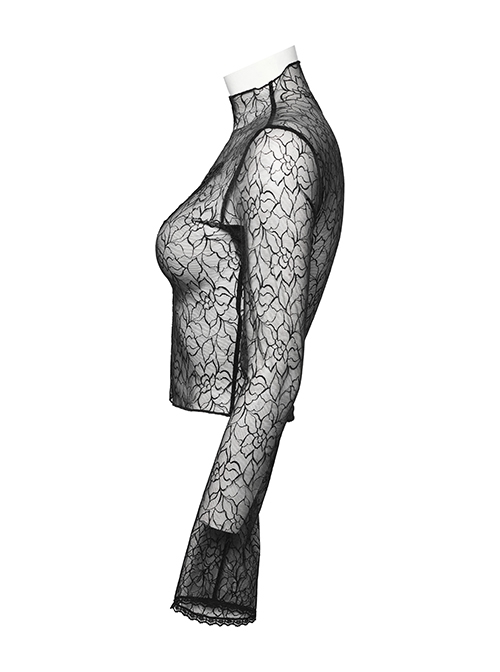 Black Sexy Patterned Mesh With Butterfly Embroidery On The Chest Gothic Style See Through Long Sleeved T-Shirt