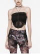 See Through Black Sexy Mesh Patchwork Rib Embroidery Applique Decorative Gothic Style Halter Vest