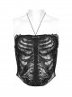See Through Black Sexy Mesh Patchwork Rib Embroidery Applique Decorative Gothic Style Halter Vest