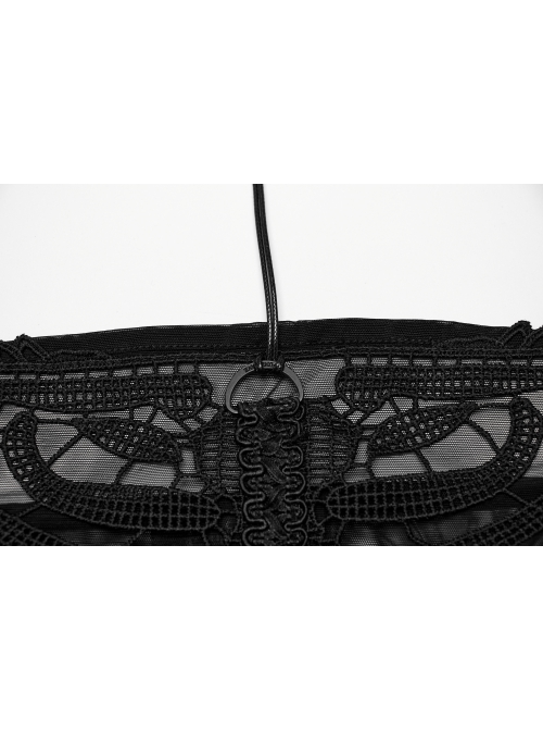 See Through Black Sexy Mesh Patchwork Rib Embroidery Applique Decorative Gothic Style Halter Vest