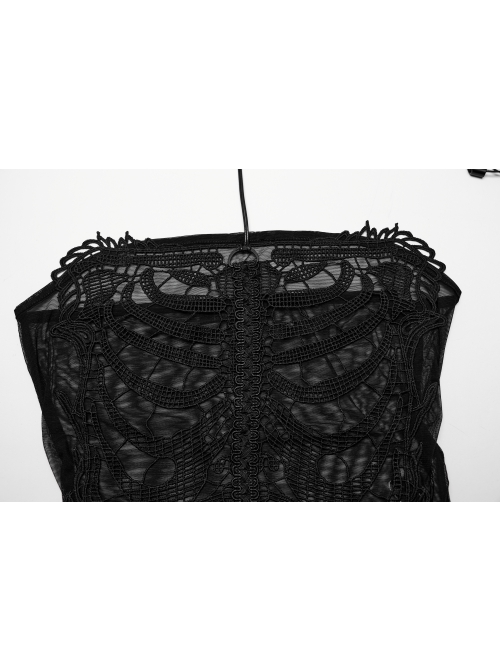 See Through Black Sexy Mesh Patchwork Rib Embroidery Applique Decorative Gothic Style Halter Vest