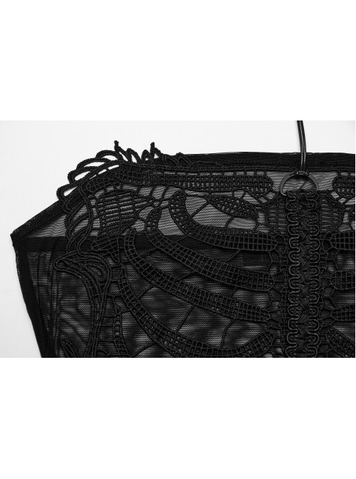 See Through Black Sexy Mesh Patchwork Rib Embroidery Applique Decorative Gothic Style Halter Vest