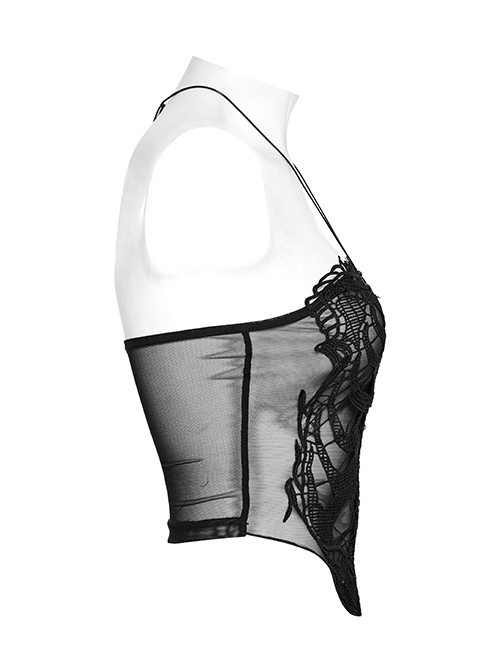 See Through Black Sexy Mesh Patchwork Rib Embroidery Applique Decorative Gothic Style Halter Vest