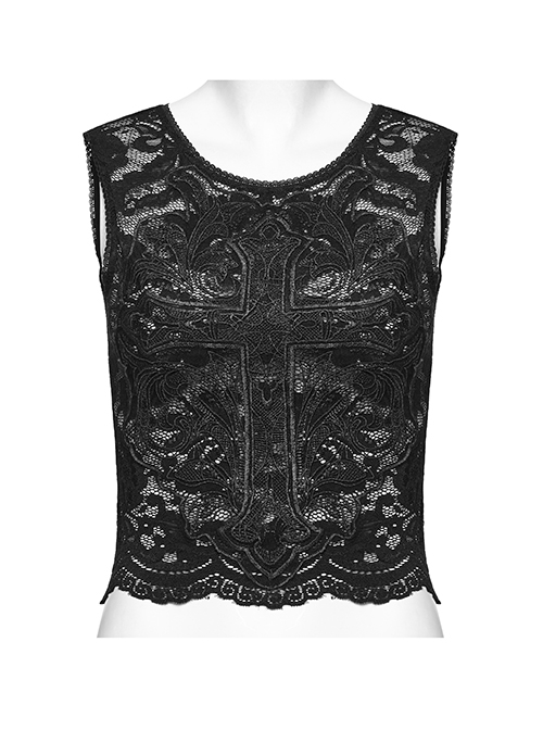 Personalized Black Stretch Lace Mesh Cross Embroidery Appliqué Decoration On The Chest Gothic Style Daily Vest