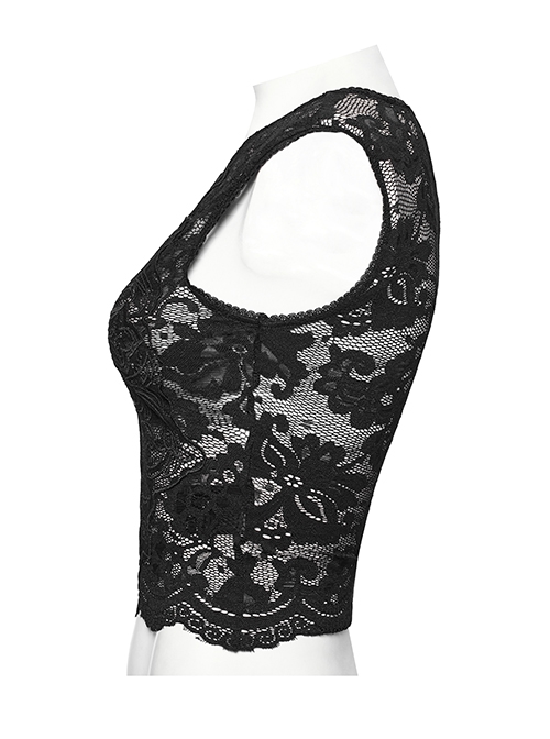 Personalized Black Stretch Lace Mesh Cross Embroidery Appliqué Decoration On The Chest Gothic Style Daily Vest