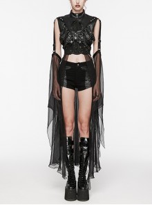 Adjustable Black Rubberized Leather Spliced Chiffon Front Center Snap Button Embellished Punk Style Mesh Cloak