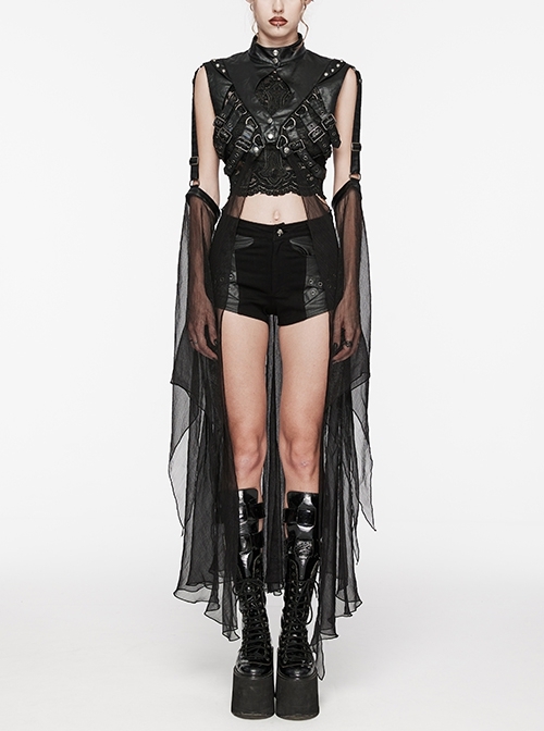 Adjustable Black Rubberized Leather Spliced Chiffon Front Center Snap Button Embellished Punk Style Mesh Cloak