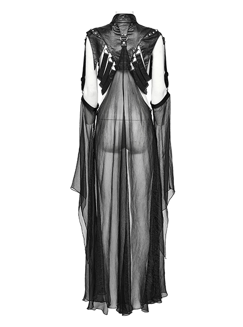 Adjustable Black Rubberized Leather Spliced Chiffon Front Center Snap Button Embellished Punk Style Mesh Cloak