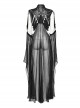 Adjustable Black Rubberized Leather Spliced Chiffon Front Center Snap Button Embellished Punk Style Mesh Cloak
