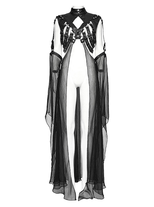 Adjustable Black Rubberized Leather Spliced Chiffon Front Center Snap Button Embellished Punk Style Mesh Cloak