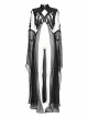 Adjustable Black Rubberized Leather Spliced Chiffon Front Center Snap Button Embellished Punk Style Mesh Cloak