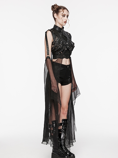 Adjustable Black Rubberized Leather Spliced Chiffon Front Center Snap Button Embellished Punk Style Mesh Cloak