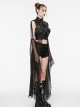 Adjustable Black Rubberized Leather Spliced Chiffon Front Center Snap Button Embellished Punk Style Mesh Cloak