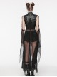 Adjustable Black Rubberized Leather Spliced Chiffon Front Center Snap Button Embellished Punk Style Mesh Cloak