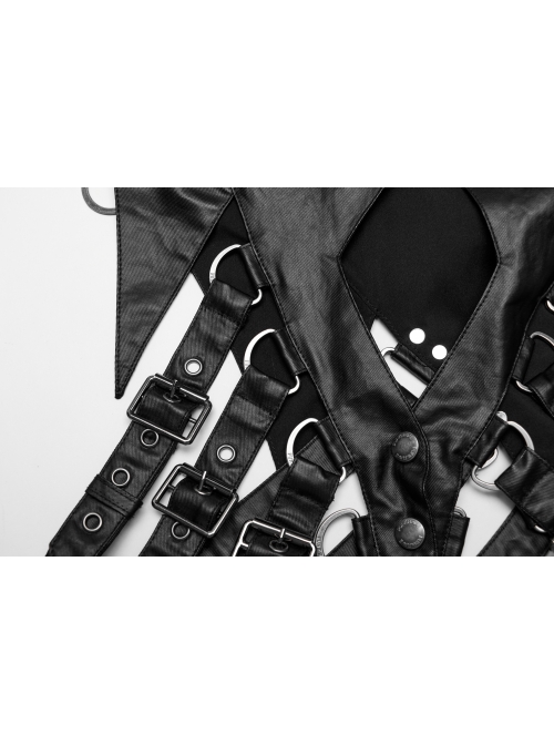 Adjustable Black Rubberized Leather Spliced Chiffon Front Center Snap Button Embellished Punk Style Mesh Cloak