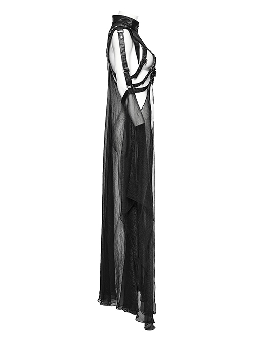 Adjustable Black Rubberized Leather Spliced Chiffon Front Center Snap Button Embellished Punk Style Mesh Cloak