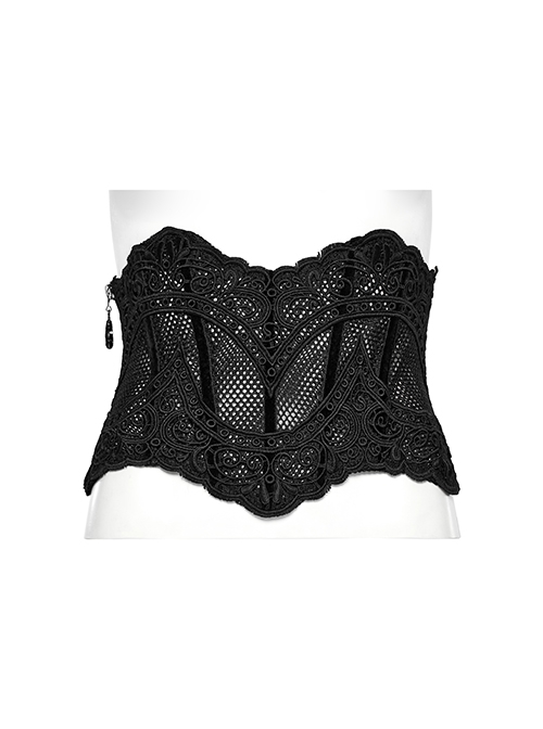 Black Lace Spliced With Hollow Mesh And Velvet Webbing At The Back To Adjust The Gothic Style Sexy Corset