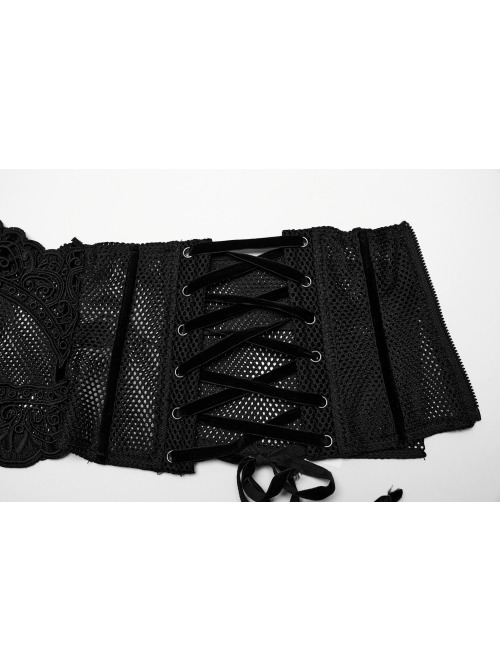 Black Lace Spliced With Hollow Mesh And Velvet Webbing At The Back To Adjust The Gothic Style Sexy Corset