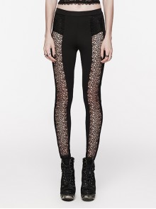Slim Fit Stretch Black Knitted Patchwork Lace Gothic Daily Hollow Trousers