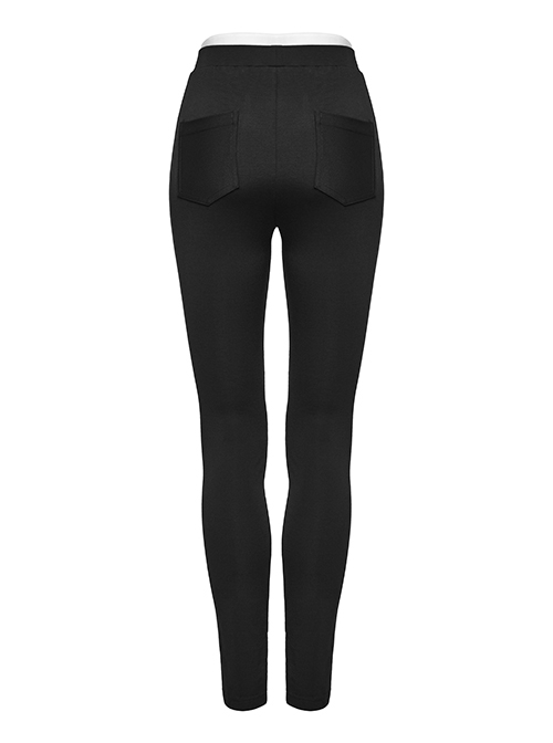 Slim Fit Stretch Black Knitted Patchwork Lace Gothic Daily Hollow Trousers