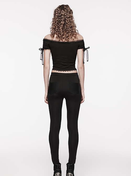 Slim Fit Stretch Black Knitted Patchwork Lace Gothic Daily Hollow Trousers