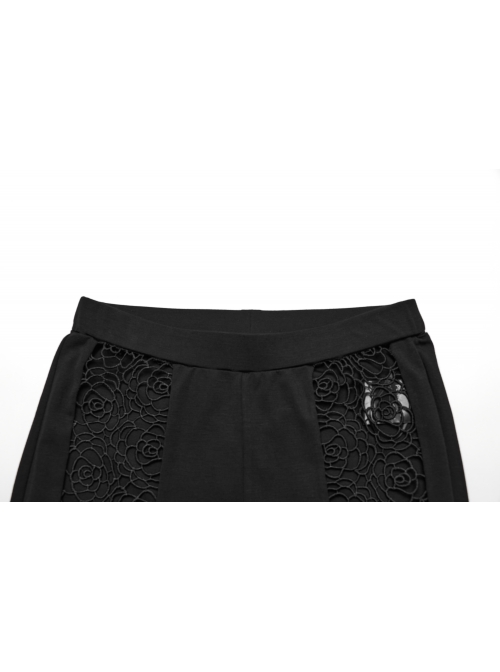 Slim Fit Stretch Black Knitted Patchwork Lace Gothic Daily Hollow Trousers
