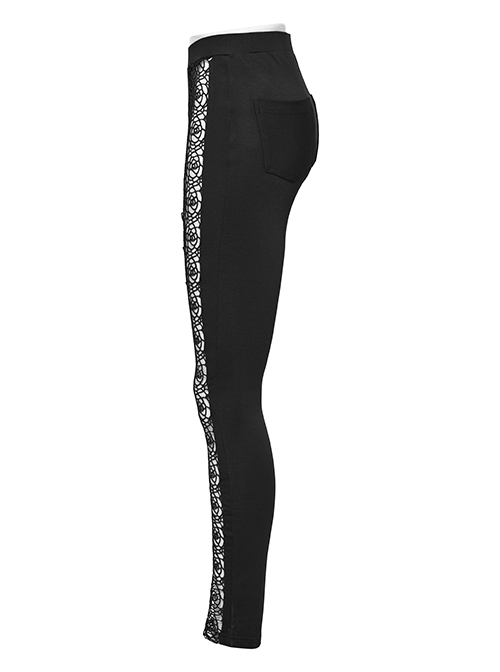 Slim Fit Stretch Black Knitted Patchwork Lace Gothic Daily Hollow Trousers