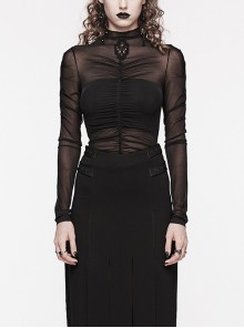 Black Stretchy Slightly Sheer Pleated Chest Embroidered Appliqué Gothic Style Long Sleeved T-Shirt