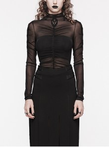 Black Stretchy Slightly Sheer Pleated Chest Embroidered Appliqué Gothic Style Long Sleeved T-Shirt