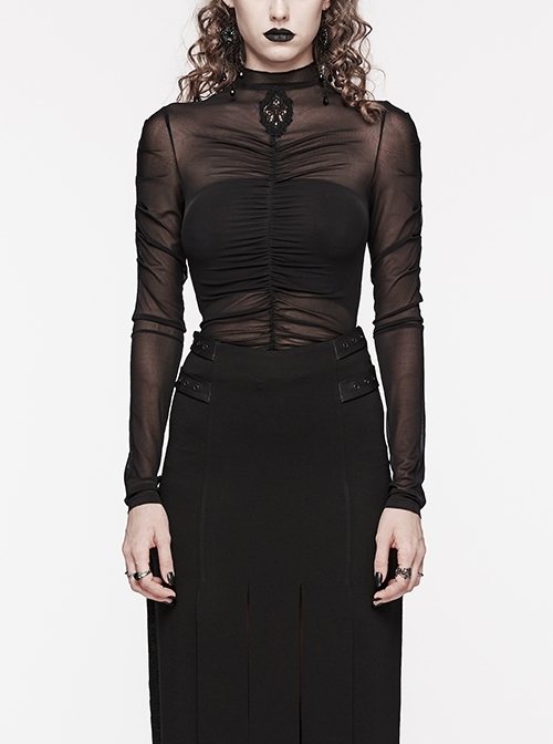 Black Stretchy Slightly Sheer Pleated Chest Embroidered Appliqué Gothic Style Long Sleeved T-Shirt
