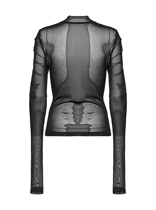 Black Stretchy Slightly Sheer Pleated Chest Embroidered Appliqué Gothic Style Long Sleeved T-Shirt