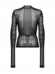 Black Stretchy Slightly Sheer Pleated Chest Embroidered Appliqué Gothic Style Long Sleeved T-Shirt