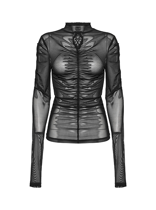 Black Stretchy Slightly Sheer Pleated Chest Embroidered Appliqué Gothic Style Long Sleeved T-Shirt