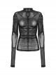 Black Stretchy Slightly Sheer Pleated Chest Embroidered Appliqué Gothic Style Long Sleeved T-Shirt