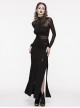 Black Stretchy Slightly Sheer Pleated Chest Embroidered Appliqué Gothic Style Long Sleeved T-Shirt