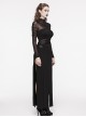 Black Stretchy Slightly Sheer Pleated Chest Embroidered Appliqué Gothic Style Long Sleeved T-Shirt