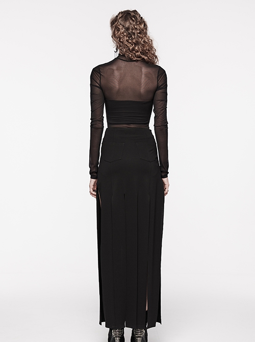 Black Stretchy Slightly Sheer Pleated Chest Embroidered Appliqué Gothic Style Long Sleeved T-Shirt