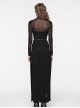 Black Stretchy Slightly Sheer Pleated Chest Embroidered Appliqué Gothic Style Long Sleeved T-Shirt