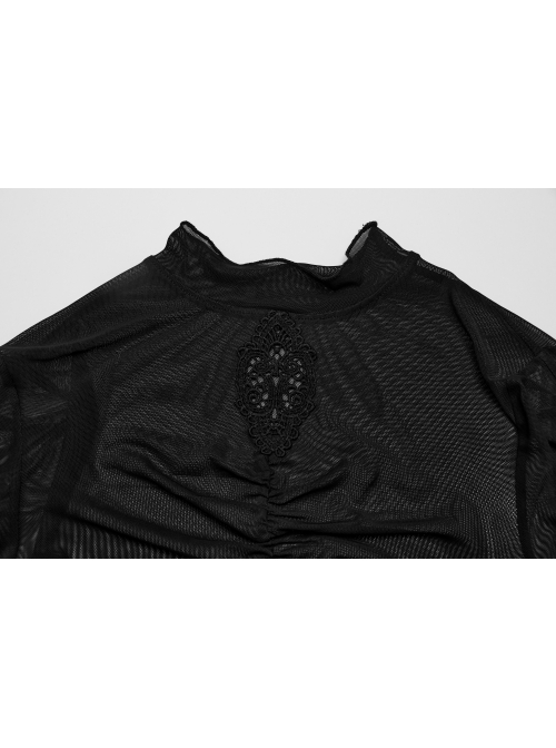 Black Stretchy Slightly Sheer Pleated Chest Embroidered Appliqué Gothic Style Long Sleeved T-Shirt