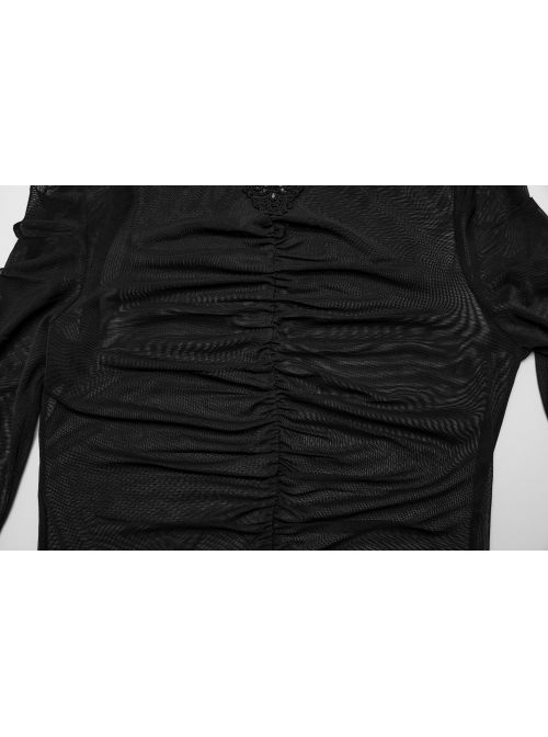 Black Stretchy Slightly Sheer Pleated Chest Embroidered Appliqué Gothic Style Long Sleeved T-Shirt