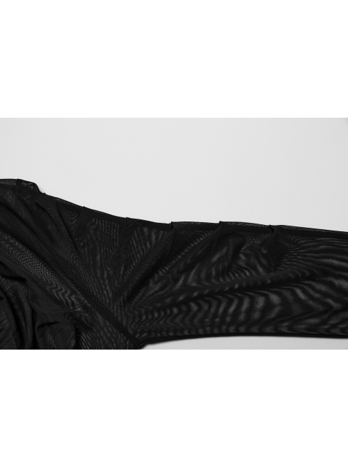 Black Stretchy Slightly Sheer Pleated Chest Embroidered Appliqué Gothic Style Long Sleeved T-Shirt