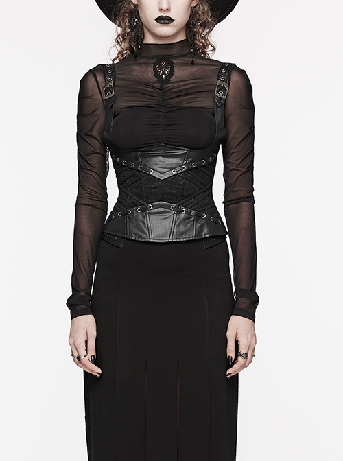 Adjustable Straps Black Non Elastic Rubber Stitching Lace Inner Herringbone Shaping Gothic Style Corset