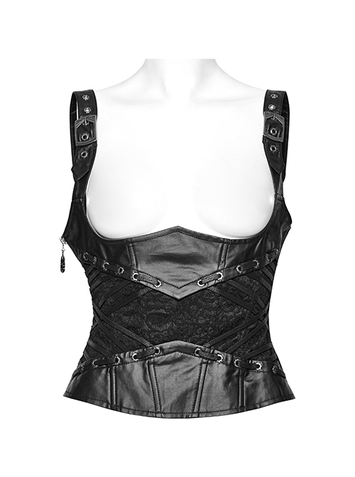 Adjustable Straps Black Non Elastic Rubber Stitching Lace Inner Herringbone Shaping Gothic Style Corset