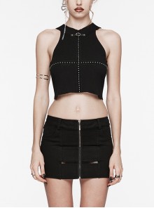 Black Simple Elastic Front Center Cross Pattern With Leather Collar Collar Punk Style Sleeveless Knitted Vest