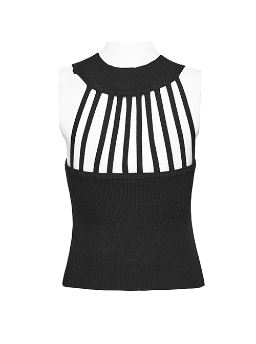 Black Simple Elastic Front Center Cross Pattern With Leather Collar Collar Punk Style Sleeveless Knitted Vest